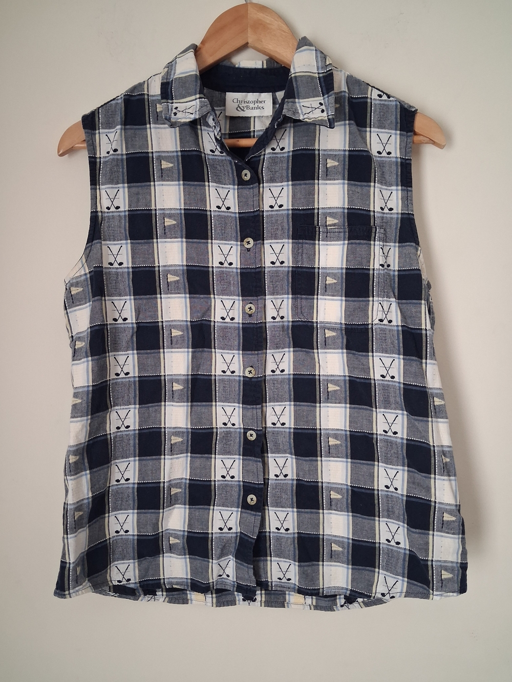 Christopher & Banks Women Navy Plaid Sleeveless Golf Novelty Button-Front Top M